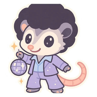 cute cartoon possum dressed up for the disco with a disco ball, sticker-like style sticker