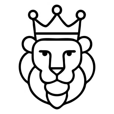 retro lion head with a crown in black and white flat outline icon sticker