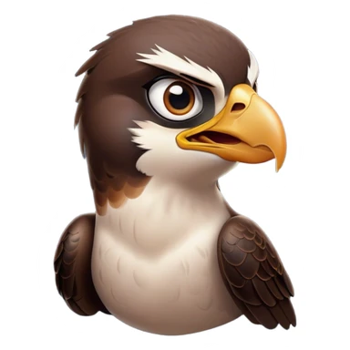 Cinematic Comical Falcon Portrait Emoji, Head tilted dramatically with an exaggeratedly shocked expression, featuring a sharply defined beak and wide, comically expressive eyes full of playful disbelief, Simplified yet hilariously expressive features, highly detailed, glowing with a slightly sassy glow, high shine, dramatic yet playful, stylized with an air of cheeky aerial mischief, soft glowing outline, capturing the essence of a meme-worthy falcon that looks ready to side-eye its way into viral fame! sticker