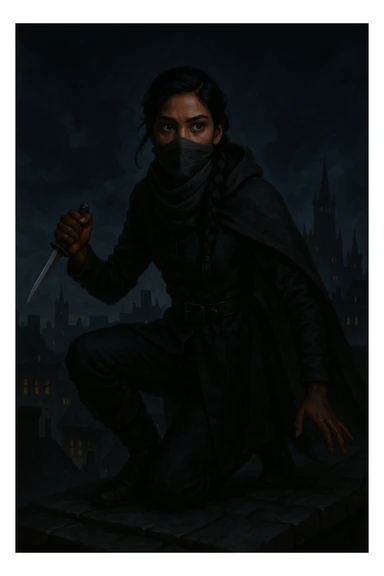 Inej Ghafa from Six of Crows, standing on a rooftop, holding a knife, dressed in dark, practical clothing, scarf covering part of her face, poised and ready sticker