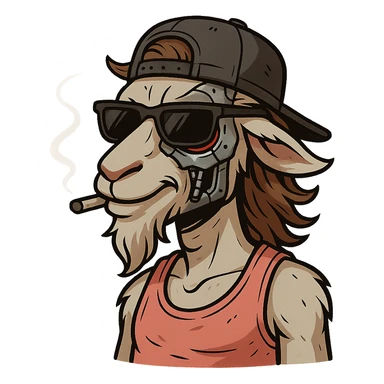 goat-terminator for Telegram stickers inspired by reference https://attic.sh/feoducyurkpqwz0la088soao98sx: wearing a cap, glasses, mullet hairstyle, pink drunkard tank top.  sticker