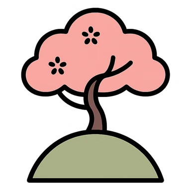 minimalist Japanese landscape icon, stylized cherry blossom tree on a hill, muted tones, minimal detail sticker