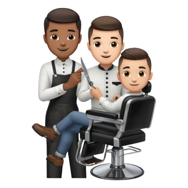 Barber cutting boys hair. Show the boy sat in black barber chair and both having smiles on their faces sticker