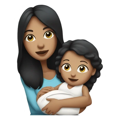 mom holding newborn baby girl with blue eyes white skin black hair and white skin sticker