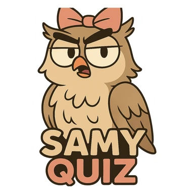 owl with bow and text 'SAMY QUIZ' in the same color palette as the reference image, flat cartoon style sticker
