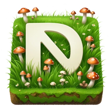Notion logo as a square block covered in grass with small mushrooms growing on it, letter N visible sticker