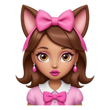 Bratz-inspired character with brown hair, pink bow, exaggerated big lips, and foxy eyes sticker