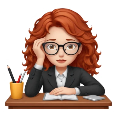 Pretty model, brown eyes, soft red wavy hair, falling asleep at desk sticker
