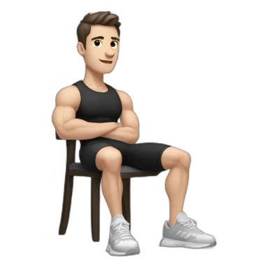 Pale skinned Fit Man With the biceps and dark brown hair in black shirt, gray sports shorts and white Sneakers Sitting on a chair sticker