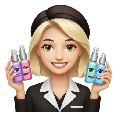 A smiling beautician with cold fake smile, calculating eyes, pointing at your cheek while holding 5 expensive serum bottle. predatory vibe.A face with a fake sweet smile, but the face is slowly consumed by shadows creeping from below. calculating eyes are visible in the dark sticker
