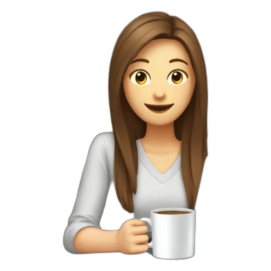 smiling woman with middle brown straight long hair and pale skin eyes closed behind a laptop and behind a large coffee mug. sticker
