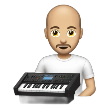 A white man with  buzz cut ,beard and mustache playing a ROLAND KEYBOARD sticker