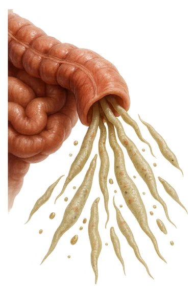 Realistic medical image of microscopic parasites leaving the intestines after taking natural kinesiological drops, symbolizing detox and cleansing. sticker