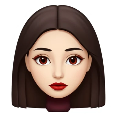 A woman emoji with fair skin, long straight dark brown hair parted in the middle, an oval-shaped face, arched dark eyebrows, almond-shaped brown eyes, a small nose, and full lips colored with deep red lipstick. sticker