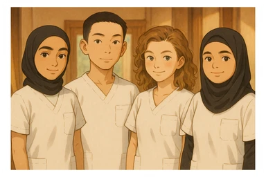 Four nursing students standing side by side in a warm indoor ambiance, wearing white short-sleeved uniform tops without collars or undershirts, forearms bare, no stethoscopes. The tops are medical tunics with V-necks and a chest pocket on the left side, in Ghibli style. sticker
