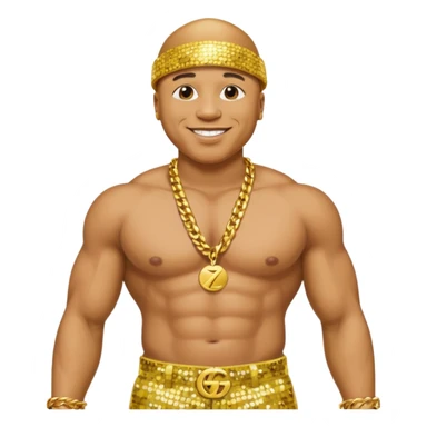 LL Cool J with yellow sequin baggy pants, shirtless with necklace sticker