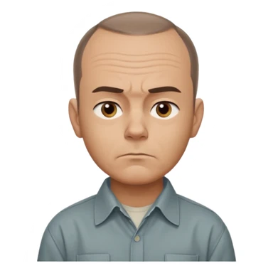 Carl from Sling Blade, serious expression, recognizable features, chin sticking out, slouching posture, no glasses, shirt with collar,  side view,show his entire body, he is standing. three-quarter face angle. He sticks his head forward. not apple style emoji sticker