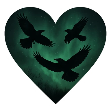  heart with green night sky and dark ravens, remove background sticker