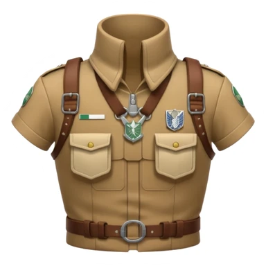 emoji-style icon of Survey Corps uniform from Attack on Titan, showing flared collar, chest harness, minimalist gear, muted anime colors, subtle determined face, stylized for emoji clarity sticker