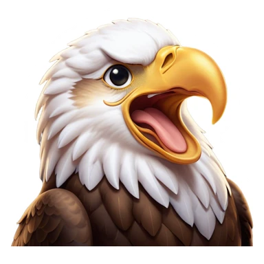 Cinematic Cute Yawning American Eagle Portrait Emoji, Head tilted slightly with a dramatic, wide-open yawn, showcasing a stately form with gently drooping feathers and sleepy, half-closed eyes, Simplified yet irresistibly adorable features, highly detailed, glowing with a soft, cozy majestic glow, high shine, relaxed yet expressive, stylized with a dash of whimsical aerial charm, soft glowing outline, capturing the essence of a drowsy yet affectionate American eagle that appears ready to stretch out for a nap! sticker