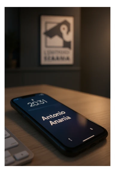 A photo of an iPhone with the message "Antonio Anania" on its scree, both surrounded by soft light and shadow. The phone sits atop a desk with a blurred background that suggests work environment. A faint glow from above casts gentle shadows across the surface of each object, creating depth and highlighting their textures. sticker