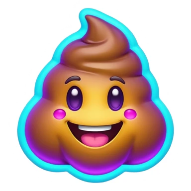 futuristic glowing poop emoji with funny smiling face, purple and cyan neon glow, dark background sticker
