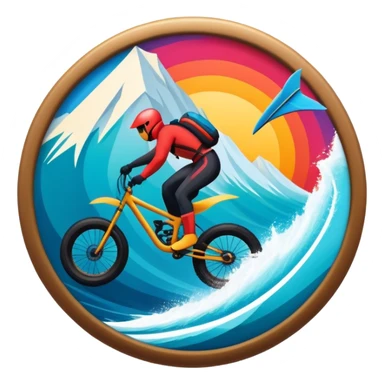 A bold, dynamic emblem combining elements of extreme sports like a mountain, a bike, surfing, ocean and a parachute, all within a circular or shield-like shape. The design conveys speed, adventure, with sharp lines and vibrant colors representing the thrill and intensity of extreme sports. sticker