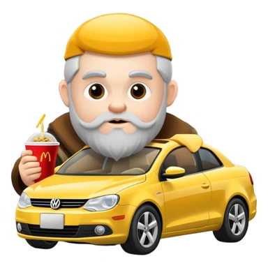 A dwarf eating McDonald's in front of a Volkswagen Eos. sticker