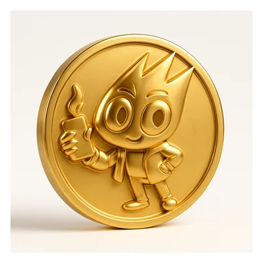 Replace the character on the flat gold token with the mascot's head from the provided image. The token remains flat, gold, and centered, with the mascot's head in a slightly embossed style, in gold, no text or extra elements. sticker