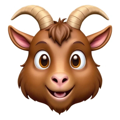 Cinematic Comical Brown Goat Portrait Emoji, Head tilted dramatically with an exaggeratedly amused expression, featuring a sleek brown fur with distinct, quirky curved horns, wide, expressive eyes filled with playful disbelief, Simplified yet hilariously expressive features, highly detailed, glowing with a slightly sassy glow, high shine, dramatic yet playful, stylized with an air of cheeky mischief, bright and endearing, soft glowing outline, capturing the essence of a spirited and over-the-top goat, so meme-worthy it feels like it could side-eye its way into internet fame instantly! sticker
