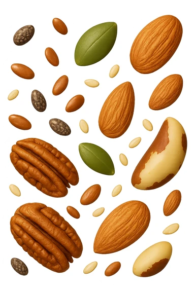 emoji stile iphone 3d di questi elementi che fluttuano in aria:

Semi di chia, lino, zucca, sesamo
Mandorle, noci pecan, noci brasiliane (porzioni limitate)

 che fluttuano sparse casualmente in aria, iperealistico 4k sticker