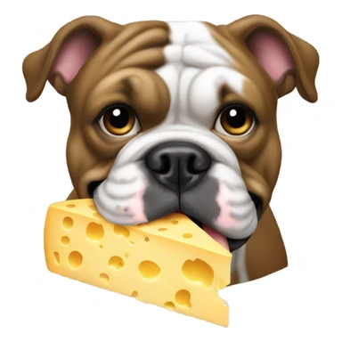 Black English bulldog eating cheese sticker