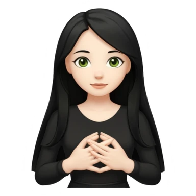 Pale girl with long black hair and olive green eyes soft smile wearing black dress and holding hands over her chest sticker