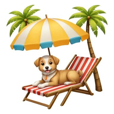 a dog laied on a beach chair, a sunny beach, a sun umbrella, and beach coconut trees. the icon should capture the essence of a relaxing beach vacation with a carefree atmosphere sticker