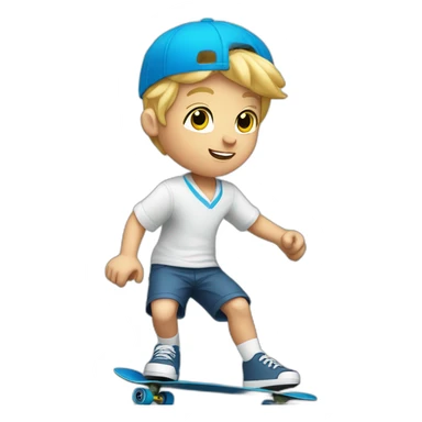 Blonde Boy in blue school shorts and white shirt sleeve shirt riding a skateboard sticker