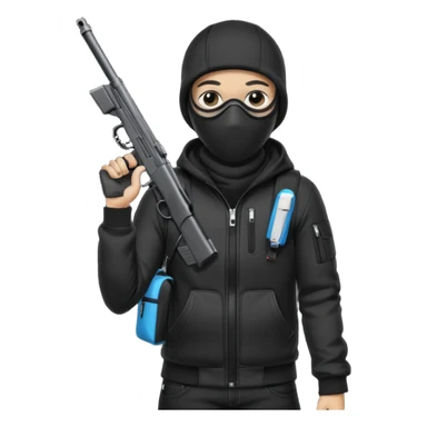 YN wearing a ski mask, holding a gun, all black fit, black jeans, Sprayground bookbag, confident stance sticker