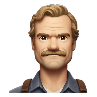 David Harbour smiling with a moustache sticker