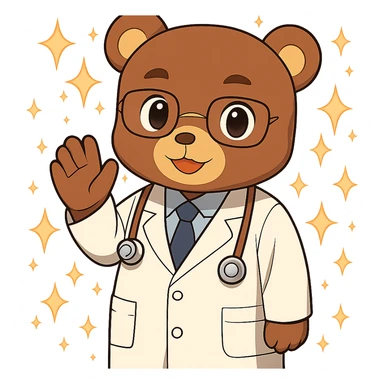 Add magical sparkles around the chibi bear as a doctor. Keep the image with no background. sticker