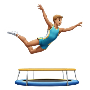 An athletic person soaring high above a trampoline, executing an acrobatic flip with perfect form. The scene captures motion and energy, with a dynamic pose, stretched limbs, and a focused expression. The background suggests a professional trampoline arena with safety padding. sticker