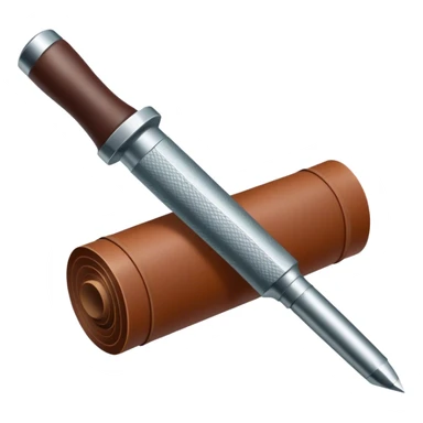 Leatherworking icon, partially unrolled raw leather roll, carving tools like engraver needle or chisel, stamp or press, textured surface, minimalistic style, clean lines, transparent background. sticker
