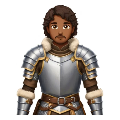 medieval battle armor worn by a DnD themed fantasy character. basic brigandine vest over chainmail with a fur-lined collar. armor only above the waist. The armor full waist. The character's haven't arms. character is dark brown hair amber eyes short wavy hair brown-skinned man. sticker