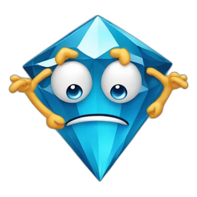 A blue diamond with a face, arms and legs doing something random and with a sad face sticker