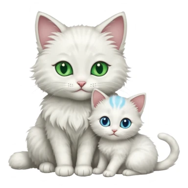 Black cat with green eyes cuddling next to small white kitten with blue eyes  sticker