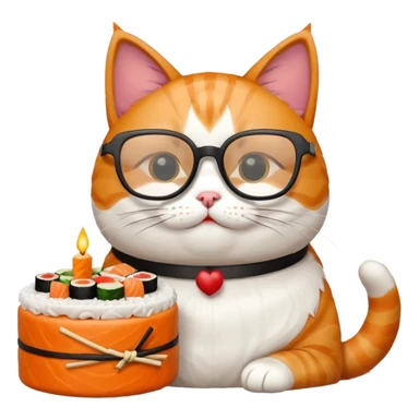 cat with cool square shaped glasses eating a birthday cake made out of sushi sticker