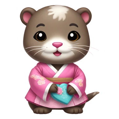 A cute and lovely otter dressed in traditional Korean hanbok, holding a pink heart sticker