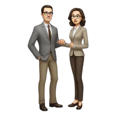 Full height Actively gesturing with hands Pale skinned fit man with dark brown hair in gray jacket, beige office shirt, brown tie, brown pants and vintage glasses. sticker