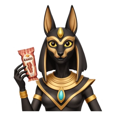  Friendly silky Black fur beautiful female alien anubis statue posed biting on store-brand bacon packaging  sticker
