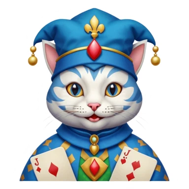 crazy colorful cute little cat jolly joker from poker, medieval, vintage, court jester, mac os icon, blue color, poker cards, mage sticker