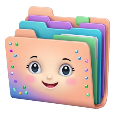 small cute folder icon in soft pastel colors light yellow or peach, slightly open at the top, colorful divider tabs inside peeking out blue green pink purple, white label area on front with word Titles in playful handwriting, small sparkles or stars around folder, emoji style, folder is more rounded sticker
