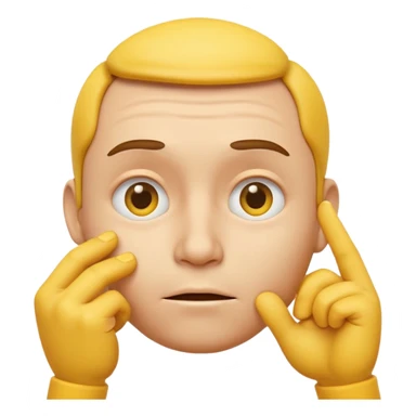 a detailed 3D render of a thoughtful face emoji, yellow round face with raised eyebrows, one hand touching chin, expressive eyes, digital art style, clean background sticker